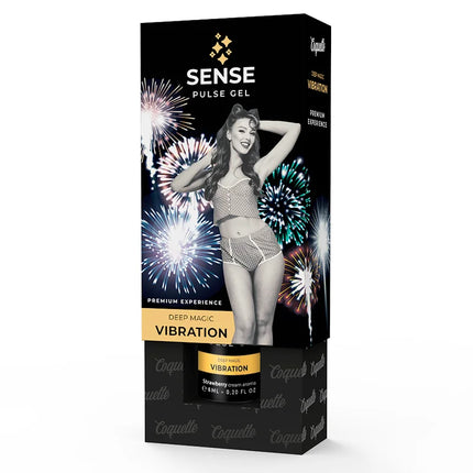 Schwarze rechteckige box coquette pulse erdbeer vibrationgel mit frau in gepunkteter lingerie und feuerwerksmotiv
