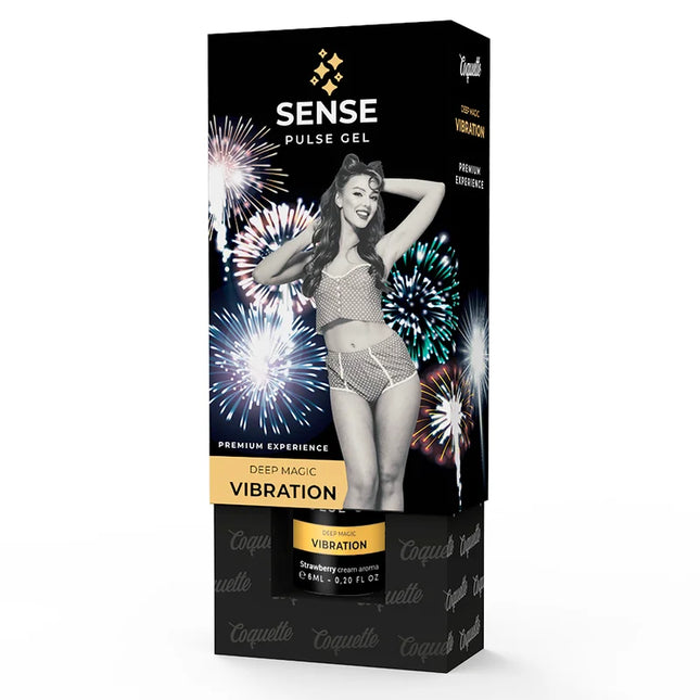 Schwarze rechteckige box coquette pulse erdbeer vibrationgel mit frau in gepunkteter lingerie und feuerwerksmotiv