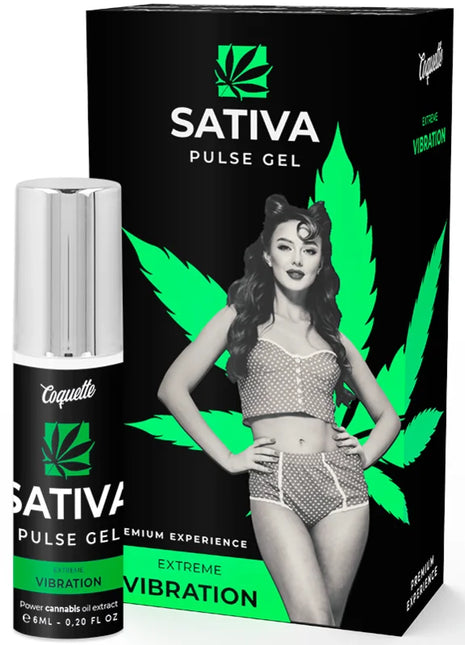 Coquette chic desire sativa pulse gel in sleek silver and black spray bottle with green branding and retro box design