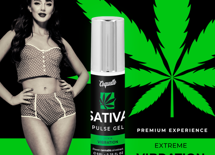 Coquette sativa pulse gel in einer schwarzen und silbernen Flasche mit grünen Akzenten für premium extreme vibration