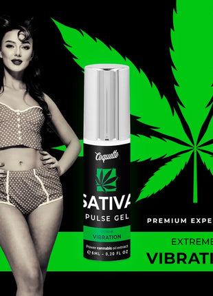 Coquette sativa pulse gel in einer schwarzen und silbernen Flasche mit grünen Akzenten für premium extreme vibration