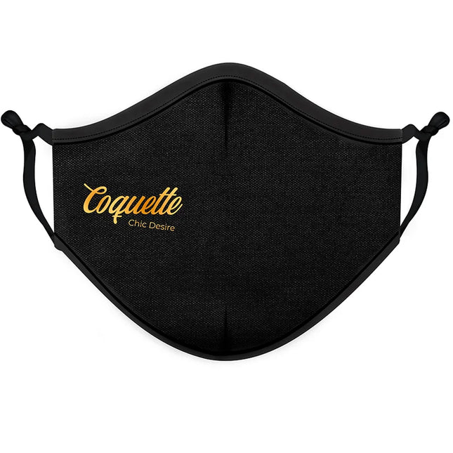 Schwarze wiederverwendbare stoffmaske mit gold stickerei coquette chic desire text