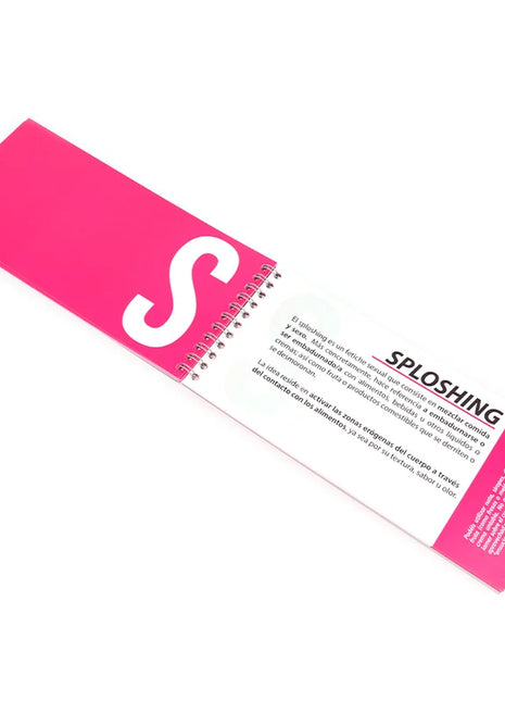 Ein lebhaftes pinkfarbenes spiralgebundenes booklet mit weißem s und schwarzem text für das spiel coupletition abcsex für paare