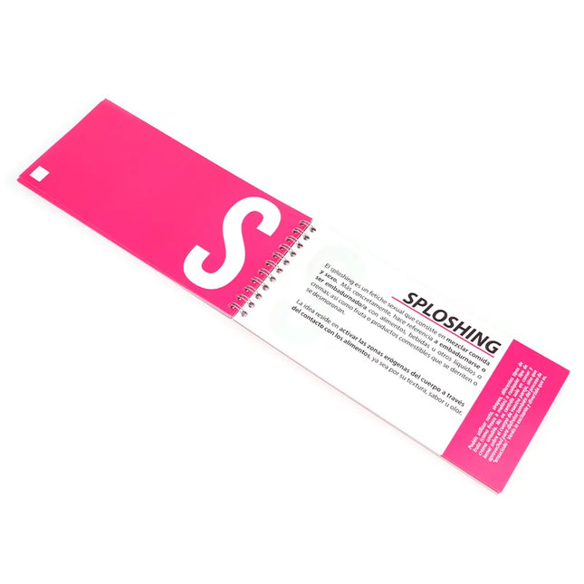 Ein lebhaftes pinkfarbenes spiralgebundenes booklet mit weißem s und schwarzem text für das spiel coupletition abcsex für paare