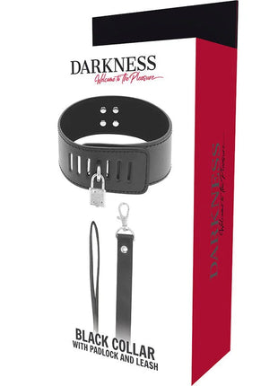 Schwarzes bdsm-halsband darkness aus leder mit silbernem schloss und passender leine in rot-weißem karton