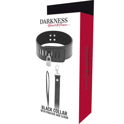 Schwarzes bdsm-halsband darkness aus leder mit silbernem schloss und passender leine in rot-weißem karton