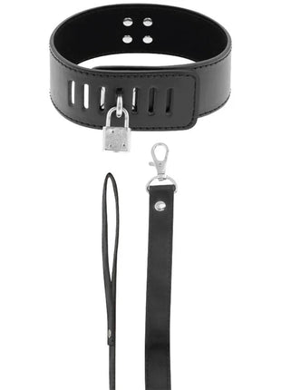 Schwarzes bdsm-halsband darkness aus leder mit silbernem schloss und passender leine