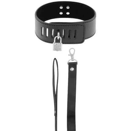 Schwarzes bdsm-halsband darkness aus leder mit silbernem schloss und passender leine