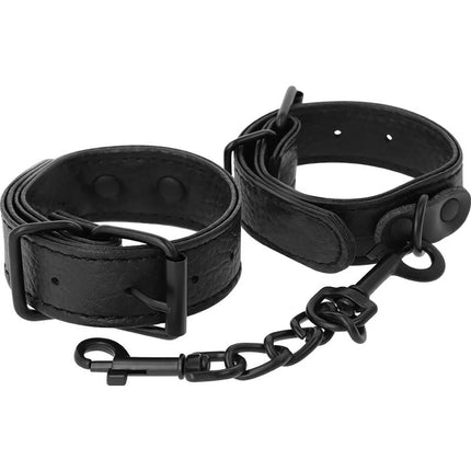 Schwarze breite dünne texturierte handschellen aus leder mit passender kettenglied und metallverschluss