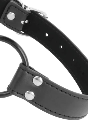 Schwarzes lederhalsband darkness gag mit silberfarbenem metallring 3,6 cm durchmesser