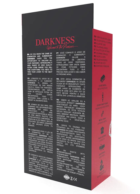Rückseite einer schwarzen und roten rechteckigen box mit dunklen rosa lettering für hochwertige leder-halskette mit leine darkness