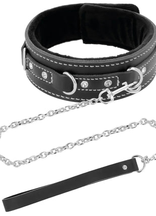 Schwarze lederhalskette darkness mit silberner hardware und kristallverzierungen plus passende leine und kette