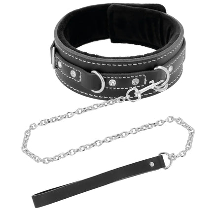 Schwarze lederhalskette darkness mit silberner hardware und kristallverzierungen plus passende leine und kette