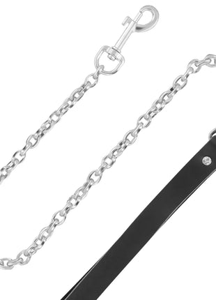 Hochwertige dunkelheit leder-halskette mit silberner kette, schwarzem ledergriff und kleinem diamantakzent