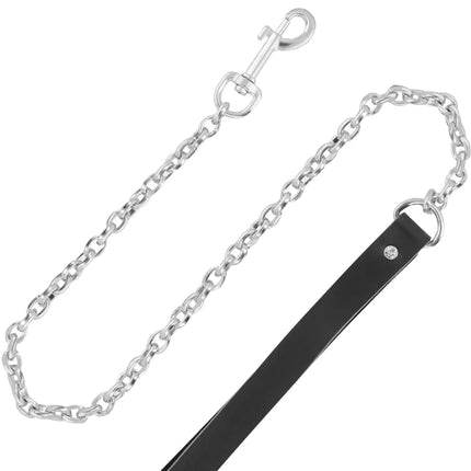 Hochwertige dunkelheit leder-halskette mit silberner kette, schwarzem ledergriff und kleinem diamantakzent