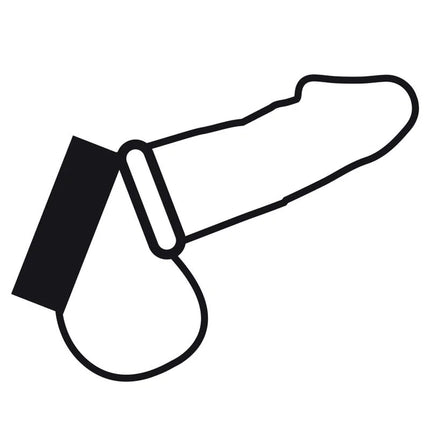Schwarze konturzeichnung eines penis mit metallring und strap im produkt darkness metallring für penis und hoden