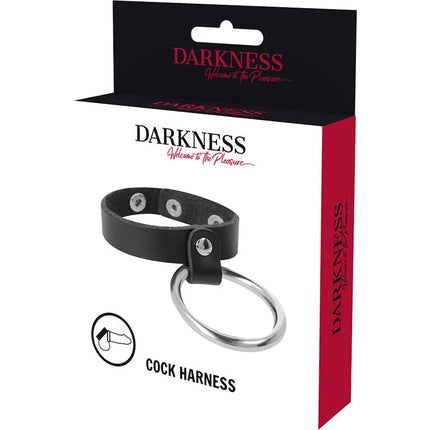 Schwarzer leder cock harness darkness mit silbernem metallring und drei sichtbaren nieten für penis und hoden