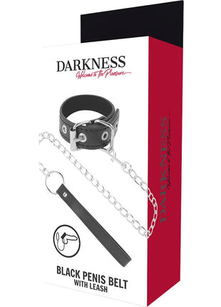 Schwarzer leder penisring mit riemen und silberner metallkette aus der serie darkness