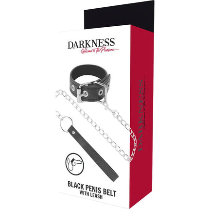 Schwarzer leder penisring mit riemen und silberner metallkette aus der serie darkness