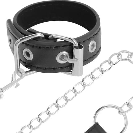 Schwarzes lederhalsband darkness penisring mit riemen mit silbernem metallverschluss und kettenglied