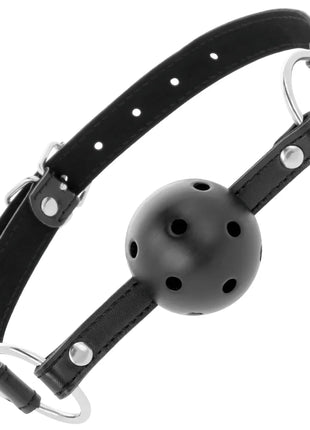 Schwarzer atmungsaktiver knebel darkness aus schwarzem leder mit kugelformigem matte ball und silberfarbenem metallverschluss