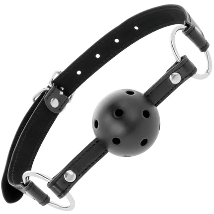 Schwarzer atmungsaktiver knebel darkness aus schwarzem leder mit kugelformigem matte ball und silberfarbenem metallverschluss