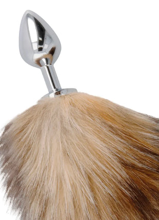 Silver metallic anal plug mit flauschigem hellbraunem und beige faux-fell schwanz darkness tail butt plug silver