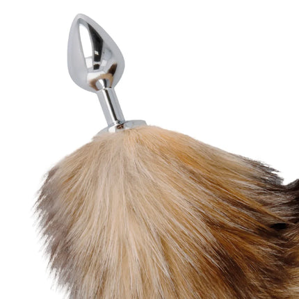 Silver metallic anal plug mit flauschigem hellbraunem und beige faux-fell schwanz darkness tail butt plug silver