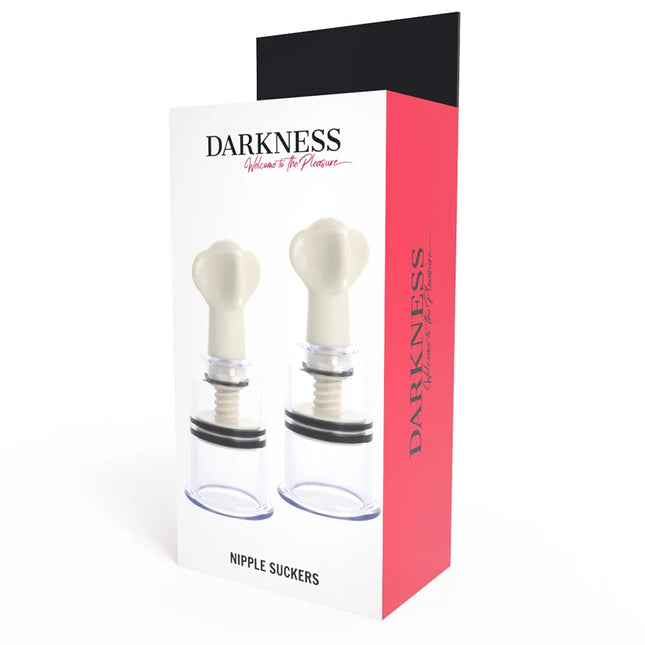 Weiße und schwarze nipplersauger mit 3,1 cm durchmesser in roter und weißer box mit aufdruck darkness
