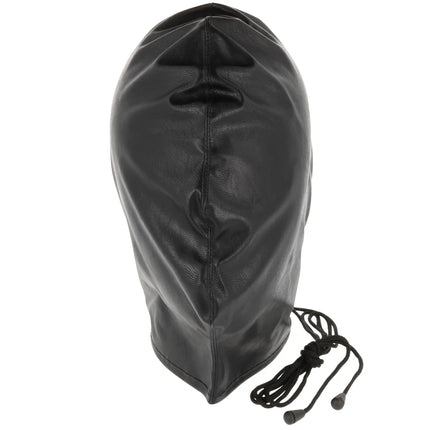 Schwarze dunkiness unterjugungsmaske aus leder mit verstellbaren kordelzügen für sicheren sitz