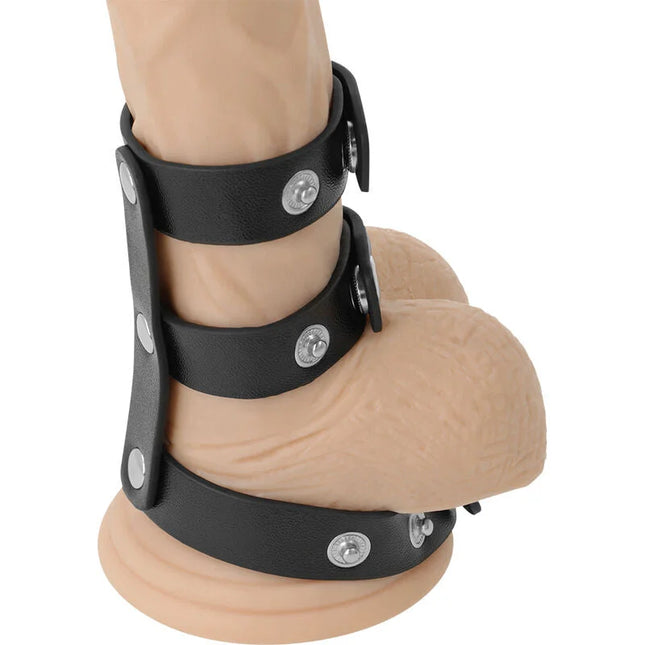 DARKNESS - VERSTELLBARER DOPPEL-PENIS- UND HODENRING AUS LEDER - Penisring ohne Vibration