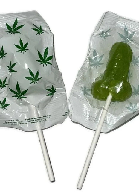 Grüner cannabis-lutscher mit aromatischer folie aus der serie diablo goloso penis lutscher