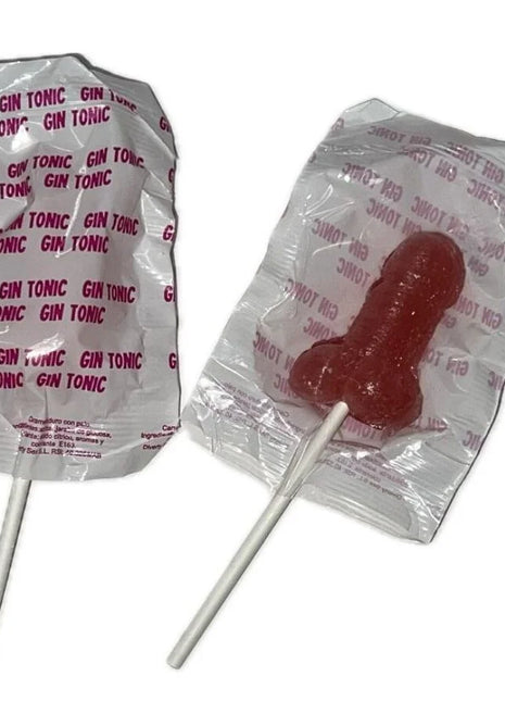 Roter gin tonic lutscher in klarer folie mit pinkem text diablo goloso penis-lutscher erdbeergeschmack 10 prozent alkohol