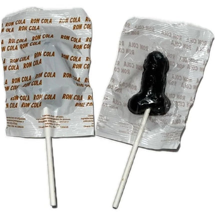 Schwarzer novelty lutscher in silberfolie mit ron cola aufdruck diablo goloso 1 penis lutscher 10 % alkohol
