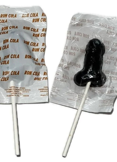 Schwarzer novelty lutscher in silberfolie mit ron cola aufdruck diablo goloso 1 penis lutscher 10 % alkohol