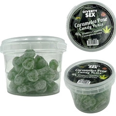 Diablo goloso grüne transparente penisförmige cannabis karamellbonbons in einer klaren dose mit schwarzem deckel