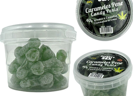 Diablo goloso grüne transparente penisförmige cannabis karamellbonbons in einer klaren dose mit schwarzem deckel