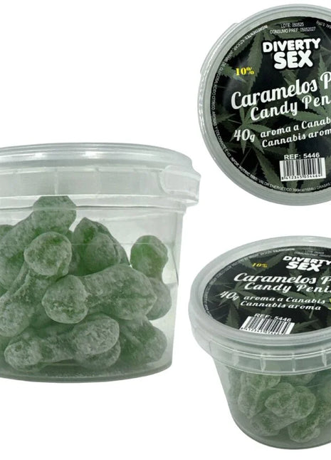 Diablo goloso grüne transparente penisförmige cannabis karamellbonbons in einer klaren dose mit schwarzem deckel