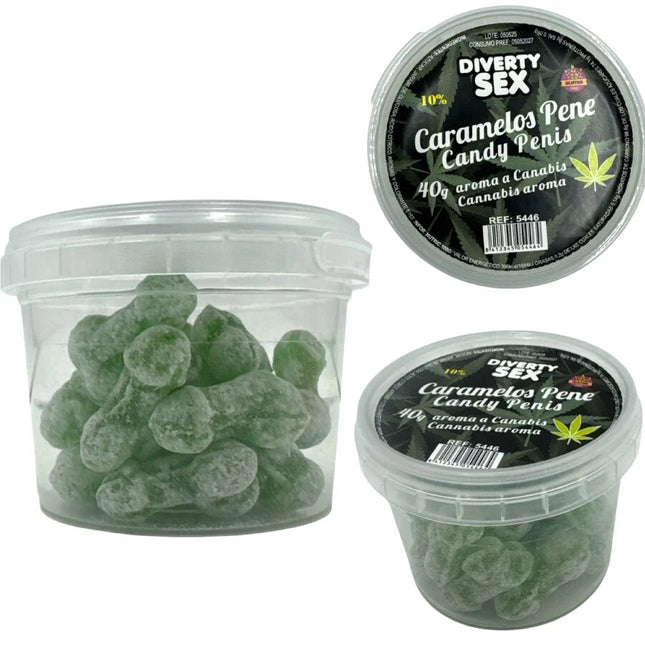 Diablo goloso grüne transparente penisförmige cannabis karamellbonbons in einer klaren dose mit schwarzem deckel