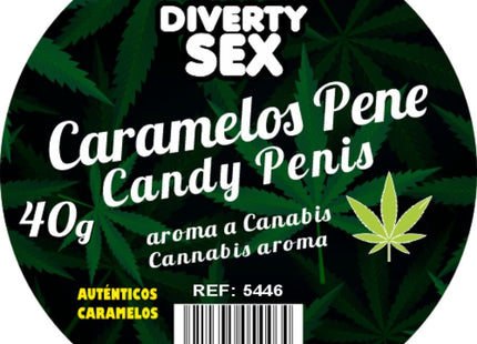 Rundes etikett für diverty sex marke 40g cannabisduftende diablo goloso 20 penis-süßigkeiten mit dunkelgrünem hanfblatt und weißem text
