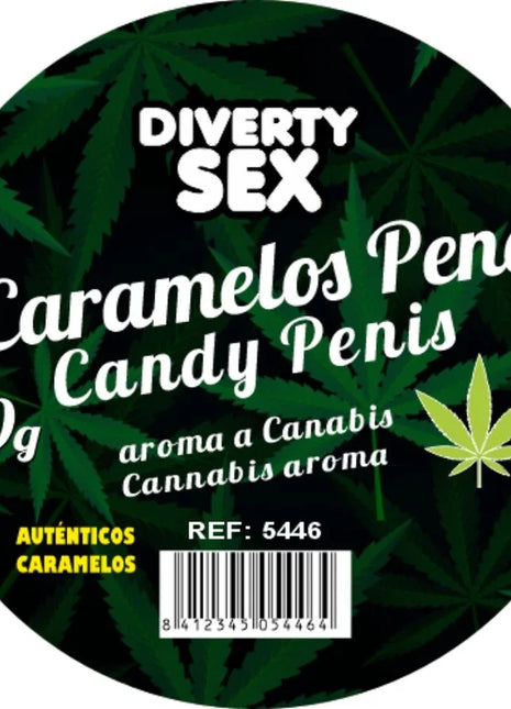 Rundes etikett für diverty sex marke 40g cannabisduftende diablo goloso 20 penis-süßigkeiten mit dunkelgrünem hanfblatt und weißem text