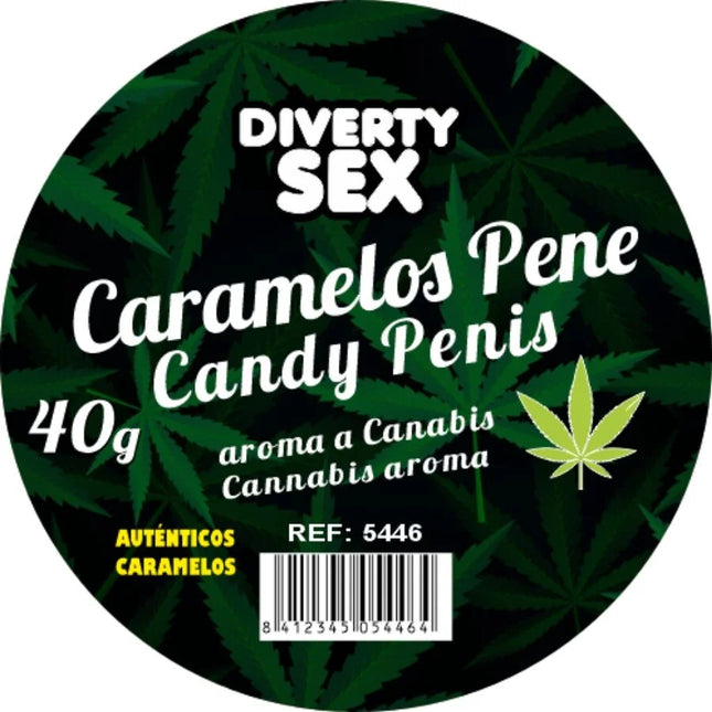 Rundes etikett für diverty sex marke 40g cannabisduftende diablo goloso 20 penis-süßigkeiten mit dunkelgrünem hanfblatt und weißem text