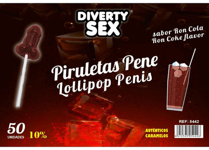 Diverty diablo goloso penis-lutscher in dunkelroter bonbonform mit weißem stiel und 10 prozent alkoholgeschmack ron-cola