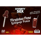 Diverty diablo goloso penis-lutscher in dunkelroter bonbonform mit weißem stiel und 10 prozent alkoholgeschmack ron-cola
