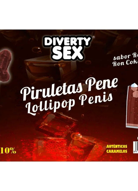 Diverty diablo goloso penis-lutscher in dunkelroter bonbonform mit weißem stiel und 10 prozent alkoholgeschmack ron-cola