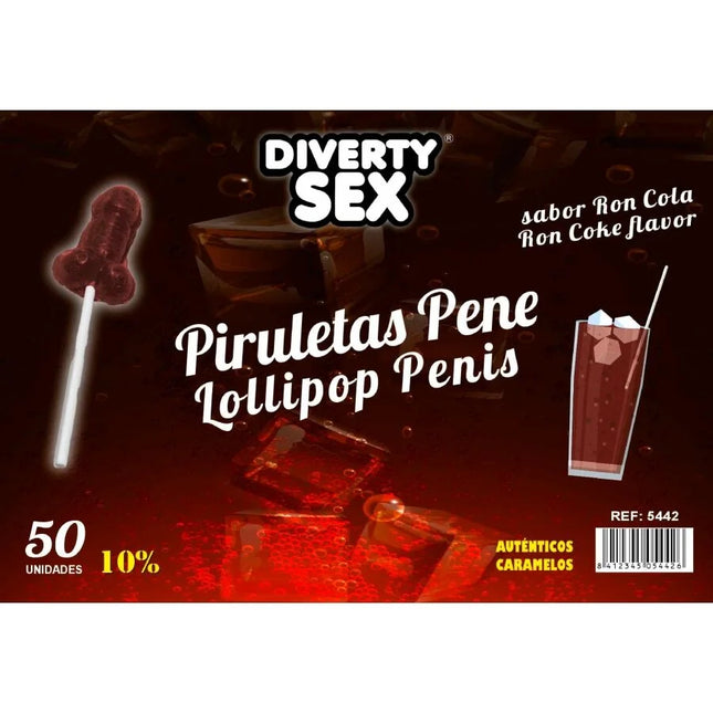Diverty diablo goloso penis-lutscher in dunkelroter bonbonform mit weißem stiel und 10 prozent alkoholgeschmack ron-cola