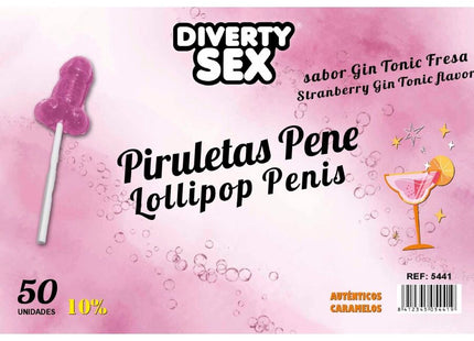 Pink lutscher in penisform mit weißem stiel von diablo goloso mit gin tonic und erdbeergeschmack 10% alkohol