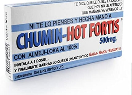 Weißer und blauer rechteckiger chumin-hot fortis 500mg tablettenbox mit rotem und blauem text und spanischen promo-sprüchen
