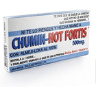 Weißer und blauer rechteckiger chumin-hot fortis 500mg tablettenbox mit rotem und blauem text und spanischen promo-sprüchen