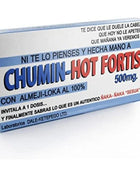 Weißer und blauer rechteckiger chumin-hot fortis 500mg tablettenbox mit rotem und blauem text und spanischen promo-sprüchen